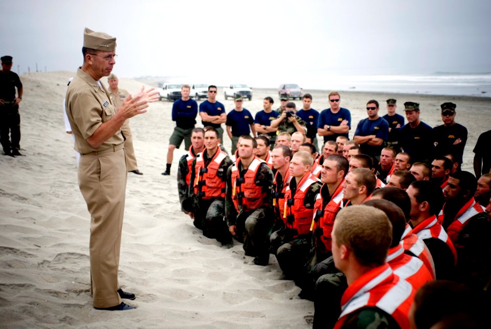 US Navy 070720-N-0696M-178 Chief of Naval Operations (CNO) Adm. Mike Mullen prepares to secure students of Basic Under Water Demolition Seal Training (BUDS) Class 266 from the Hell Week portion of their training