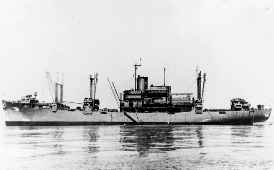 USS Cecil (APA-96) at anchor, circa in 1945 (NH 73858)