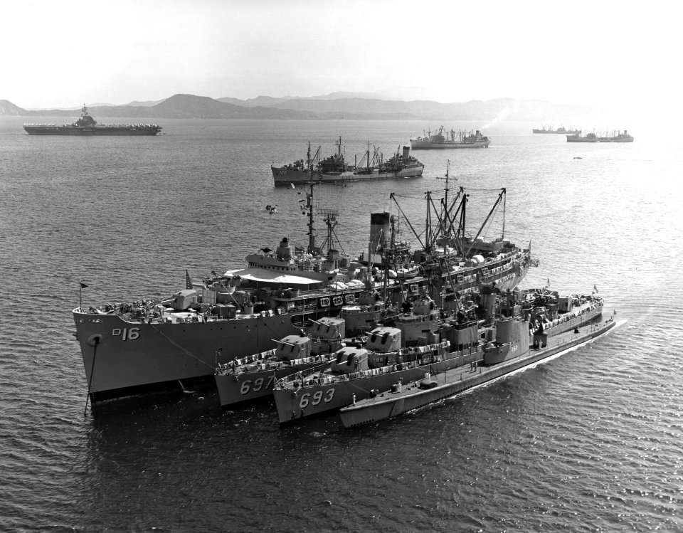 USS Cascade (AD-16) at anchor in the Mediterranean Sea on 12 September 1956 (USN 699217)