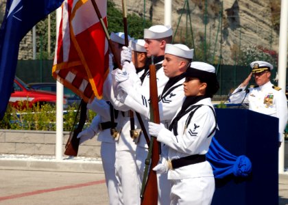 US Navy 070719-N-6544L-002 The Naval Support Activity Naples color guard presents the colors during the opening of the Commander, Navy Region Europe and Commander, Maritime Air Naples, change of command ceremony