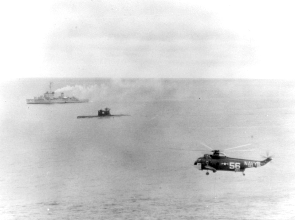 USS Carpenter (DD-825) and SH-3A of HS-2 with Soviet submarine in the Sea of Japan 1964