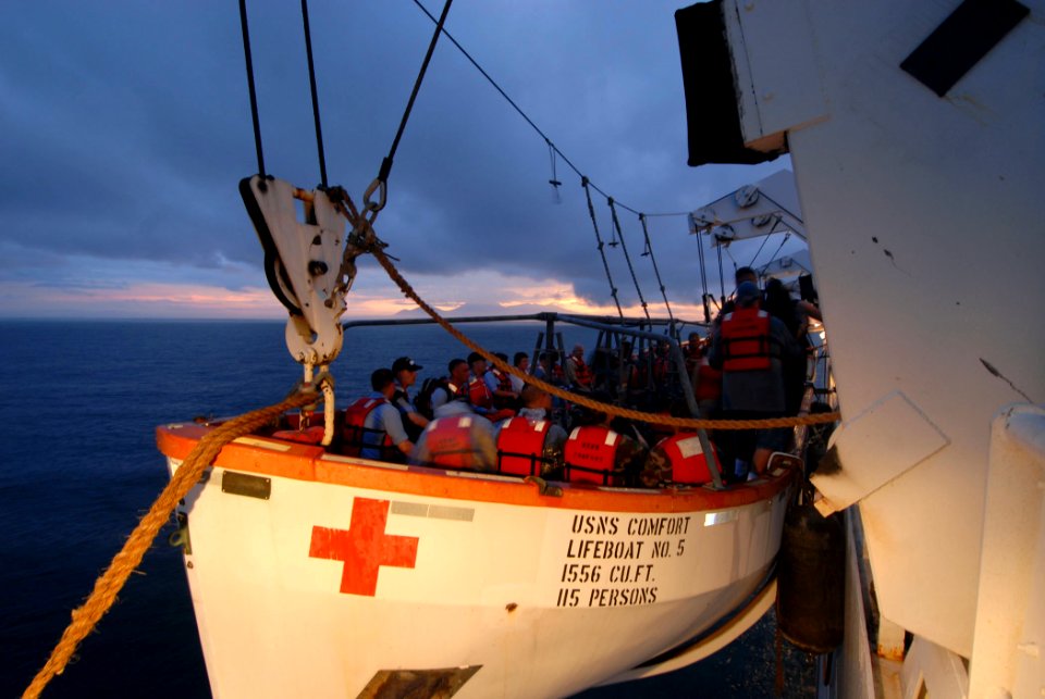 US Navy 070720-N-8704K-001 Military Sealift Command hospital ship USNS Comfort (T-AH 20) personnel depart the ship via lifeboat en route to clinic sites ashore in Nicaragua