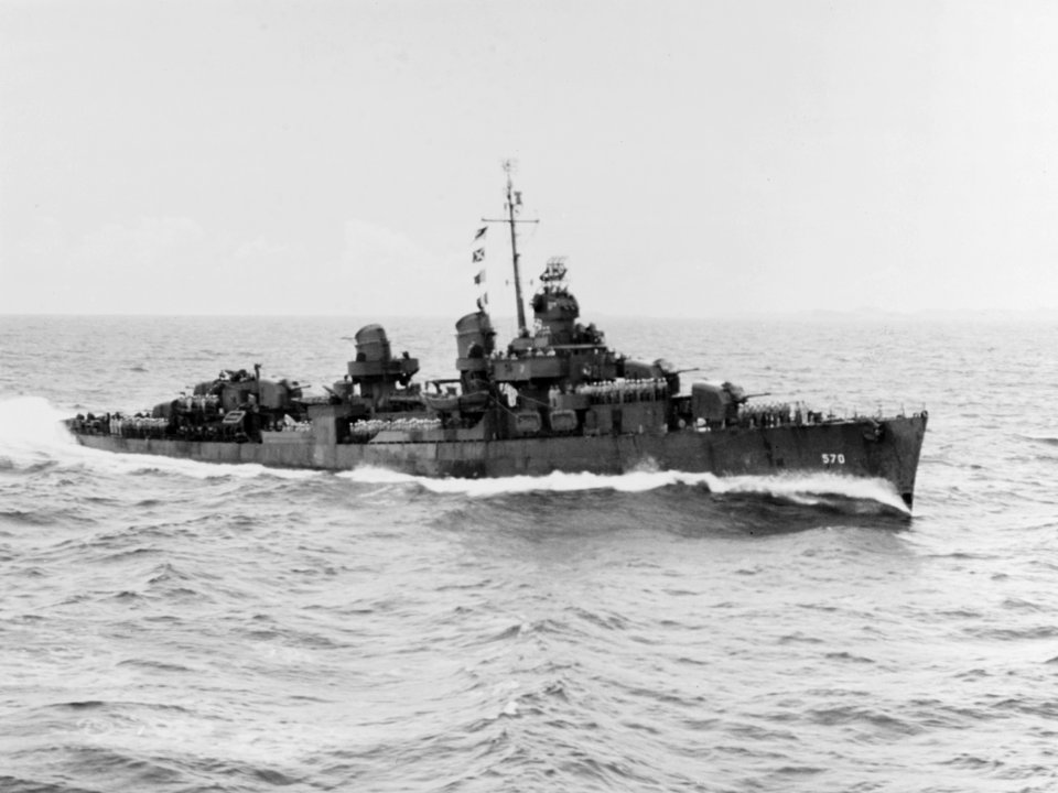 USS Charles Ausburne (DD-570) underway at sea on 23 March 1944 (80-G-232122)
