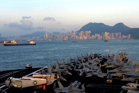 US Navy 070728-N-2659P-032 Aircraft from Carrier Air Wing (CVW) 9 sit on the flight deck of the Nimitz-class aircraft carrier USS John C. Stennis (CVN 74) during the ship's port visit to Hong Kong