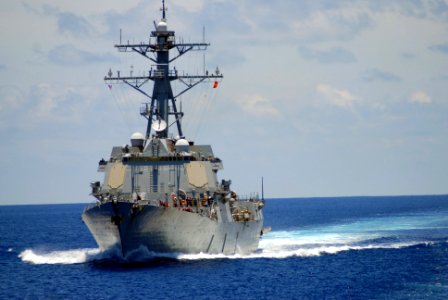 US Navy 070726-N-7498L-043 The guided-missile destroyer USS Preble (DDG 88) commences its approach along side Military Sealift Command fast combat support ship USNS Bridge (T-AOE 10) to receive fuel and supplies during a replen