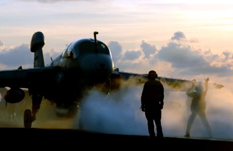 US Navy 070725-N-3729H-085 An EA-6B Prowler, attached to the Yellow Jackets of Electronic Attack Squadron (VAQ) 138, is directed onto the catapult as it prepares to launch off the flight deck of Nimitz-class aircraft carrier US