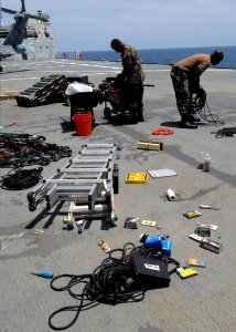 US Navy 070725-N-7088A-053 Members of Construction Battalion Maintenance Unit (CBMU) 202 sort and pack gear on the flight deck of Military Sealift Command hospital ship USNS Comfort (T-AH 20) in preparation for work in El Salva