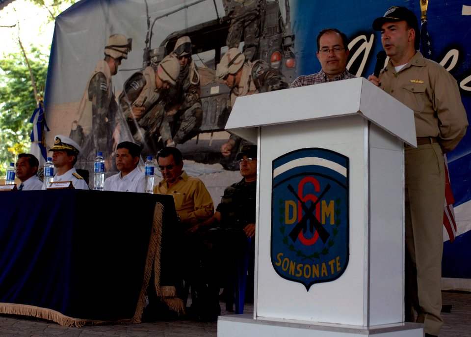 US Navy 070726-N-6278K-115 Capt. Bob Kapcio, mission commander aboard the Military Sealift Command hospital ship USNS Comfort (T-AH 20), speaks at an opening ceremony celebrating the ship's arrival in Acajutla