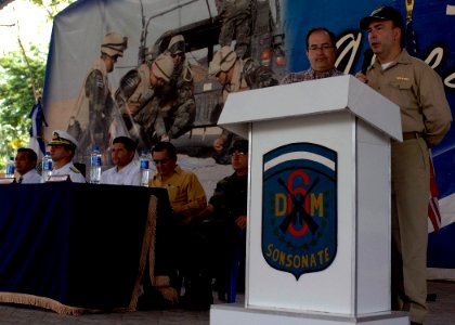 US Navy 070726-N-6278K-115 Capt. Bob Kapcio, mission commander aboard the Military Sealift Command hospital ship USNS Comfort (T-AH 20), speaks at an opening ceremony celebrating the ship's arrival in Acajutla