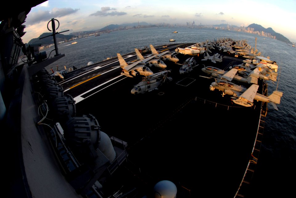 US Navy 070728-N-2659P-008 Aircraft from Carrier Air Wing (CVW) 9 sit on the flight deck of the Nimitz-class aircraft carrier USS John C. Stennis (CVN 74) during the ship's port visit to Hong Kong