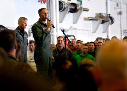 US Navy 070801-N-7981E-161 Commander, Carrier Strike Group (CSG) 9, Rear Adm. Scott Van Buskirk addresses members of Carrier Air Wing (CVW) 2 during an admiral's call held in the hangar bay of Nimitz-class aircraft carrier USS