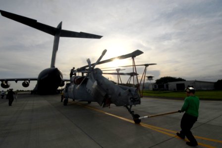 US Navy 070730-N-8704K-205 An MH-60S Seahawk from Helicopter Sea Combat Squadron (HCS) 28 is pulled off of a C-17 Globemaster belonging to the U.S. Air Force's 10th Airlift Squadron, at Comalopa