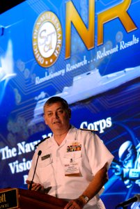 US Navy 070731-N-7676W-016 Chief of Naval Research, Rear Adm. William E. Landay III, presents the Naval Science and Technology (S^T) Strategy during the 2007 Naval S^T Partnership Conference