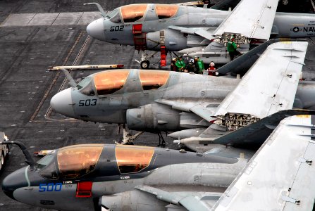 US Navy 070806-N-0890S-018 Sailors assigned to the Black Ravens of Electronic Attack Squadron (VAQ) 135, perform last minute maintenance on an EA-6B Prowlers before flight operation