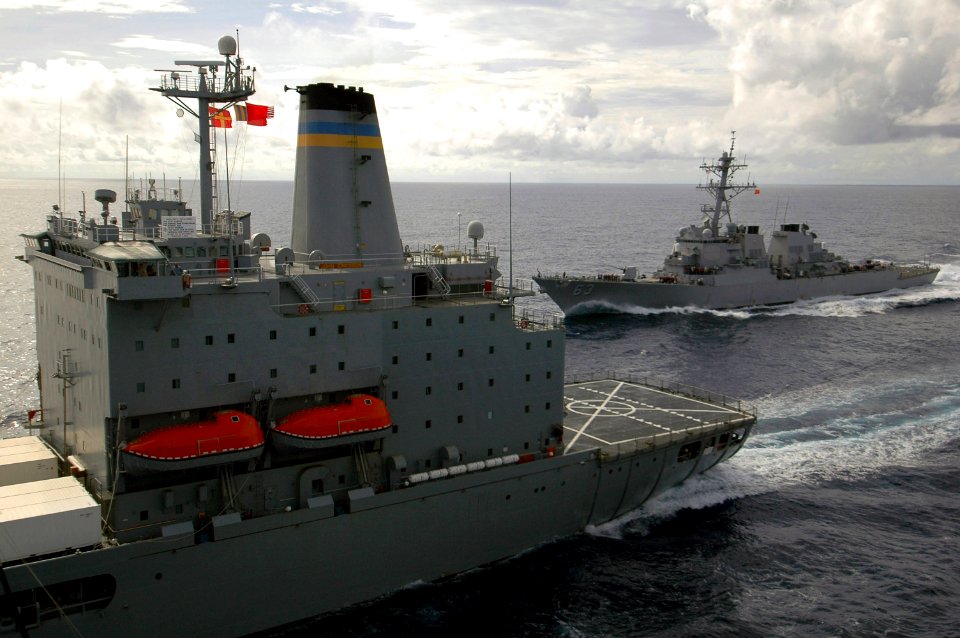 US Navy 070729-N-5387K-001 The guided-missile destroyer USS Stethem (DDG 63) pulls alongside the Military Sealift Command Fleet replenishment oiler USNS John Ericsson (T-AO 194), while USS Kitty Hawk (CV 63) refuels