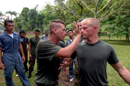 US Navy 070807-N-0989H-119 Task Group 40.9 Marines demonstrate Body Hardening, Pad Drills and Unarmed Manipulations for their Guatemalan Counterparts on the Puerto Barrios Naval Station