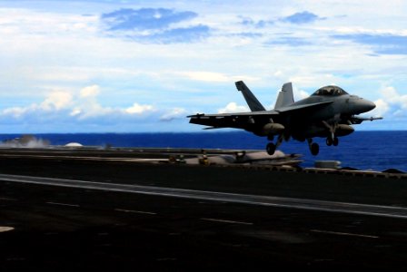 US Navy 070807-N-2659P-041 An F-A-18F Super Hornet attached to the Black Knights of Strike Fighter Squadron (VFA) 154, assigned to Carrier Air Wing (CVW) 9, takes off