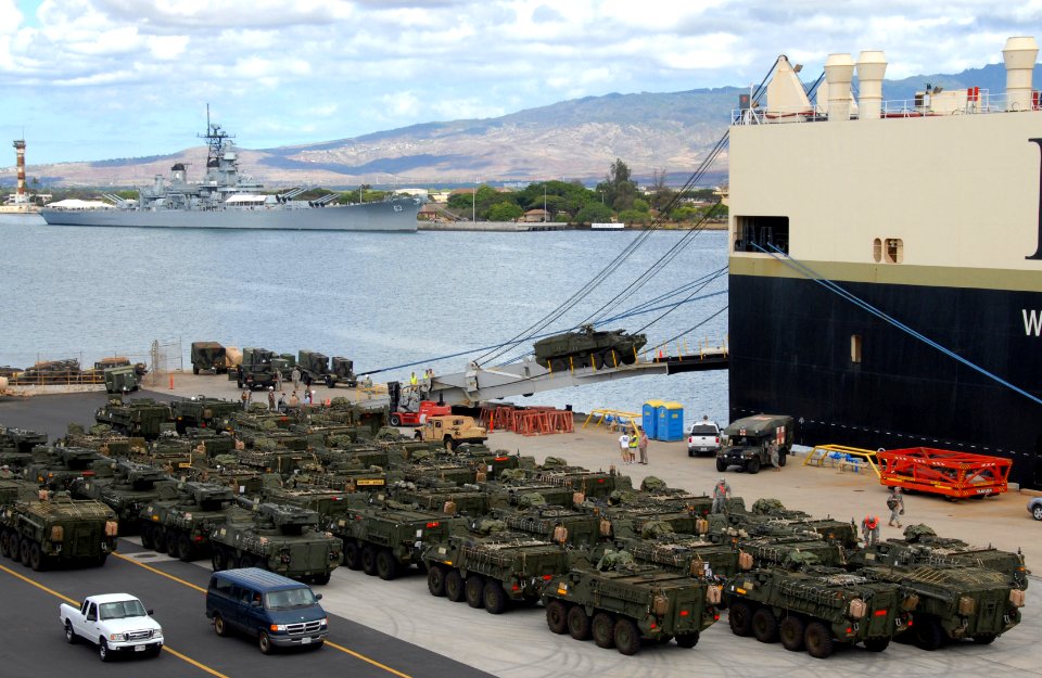 US Navy 070801-N-4965F-006 U.S. Army Stryker's attached to the 2nd Stryker Brigade Combat Team (2SBCT) are staged on the kilo piers of the Fleet Industrial Supply Center at Naval Station Pearl Harbor