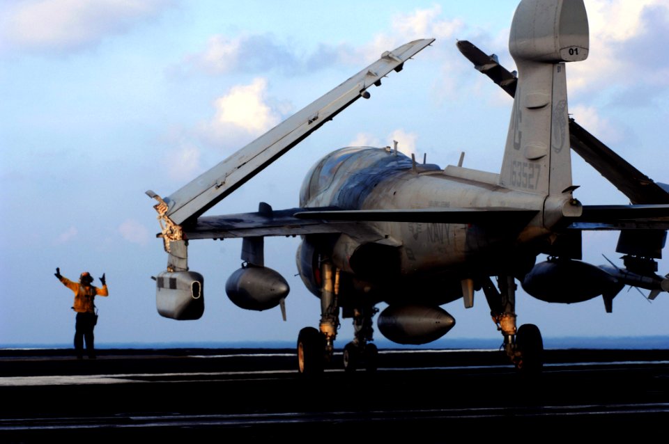 US Navy 070802-N-3729H-158 An aircraft director, from air department's flight deck division, motions an EA-6B Prowler from the