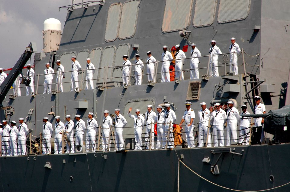 US Navy 070801-N-9134V-133 Sailors man the rails aboard the guided missile destroyer USS Porter (DDG 78) as the ship departs Naval Station Norfolk, as part of the Kearsarge Expeditionary Strike Group (ESG) for a scheduled deplo