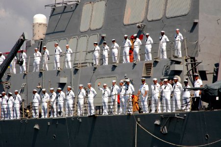 US Navy 070801-N-9134V-133 Sailors man the rails aboard the guided missile destroyer USS Porter (DDG 78) as the ship departs Naval Station Norfolk, as part of the Kearsarge Expeditionary Strike Group (ESG) for a scheduled deplo