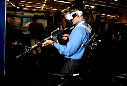 US Navy 070801-N-7676W-084 Joe Coyne, engineer research psychologist, Naval Research Laboratory (NRL), demonstrates the Infantry Immersive Trainer (IIT), one of several Virtual Training Environment projects (VIRTE)