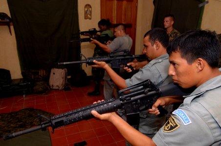 US Navy 070807-N-0989H-372 Task Group (TG) 40.9 Marines conduct weapons simulator training on the Indoor Simulated Marksmanship Training system with members of the Guatemalan Navy and Marines