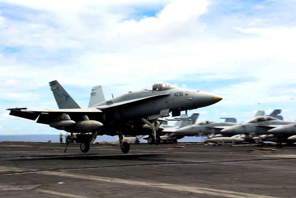 US Navy 070807-N-9760Z-002 An F-A-18C Hornet, assigned to the Sunliner's of Strike Fighter Squadron (VFA) 81, lands on the flight deck of the nuclear-powered aircraft carrier USS Nimitz (CVN 68)