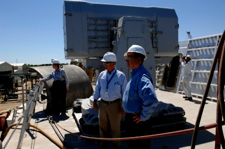 US Navy 070803-N-3642E-628 Secretary of the Navy (SECNAV) the Honorable Dr. Donald C. Winter inspects the aft section of the pre-commissioned Freedom (LCS 1) at the Marinette Shipyard
