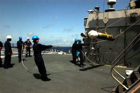 US Navy 070807-N-4014G-097 Sailors lift a Mk. 46 torpedo onto the missile deck of the guided missile destroyer USS Porter (DDG 78) before loading it into one of the launcher tubes