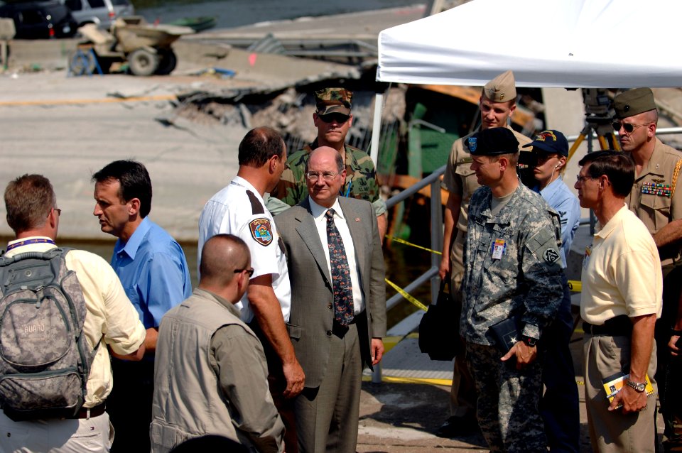 US Navy 070808-N-3642E-342 Secretary of the Navy (SECNAV) the Honorable Dr. Donald C. Winter tours the site of the fatal Interstate 35W bridge collapse