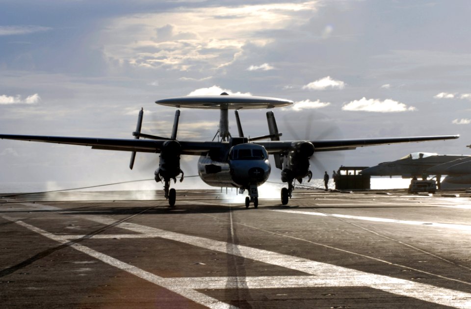US Navy 070807-N-3729H-278 An E-2C Hawkeye, attached to the Golden Hawks of Carrier Airborne Early Warning Squadron (VAW) 112, lands on the flight deck