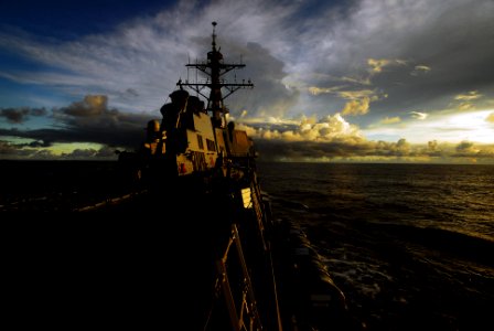 US Navy 070808-N-0684R-069 The guided missile destroyer USS Preble (DDG 88) steams into the sunset as storm clouds set in during exercise Valiant Shield 2007. Preble is part of the John C. Stennis Carrier Strike Group