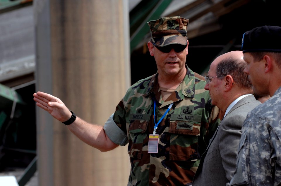 US Navy 070808-N-3642E-146 Secretary of the Navy (SECNAV) the Honorable Dr. Donald C. Winter tours the site of the fatal Interstate 35W bridge collapse