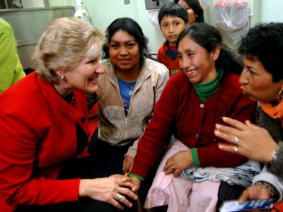 US Navy 070808-N-0194K-053 Under Secretary of State for Diplomacy and Public Affairs, Karen Hughes, speaks with Peruvian patients awaiting medical treatment aboard the Military Sealift Command hospital ship USNS Comfort (T-AH 2