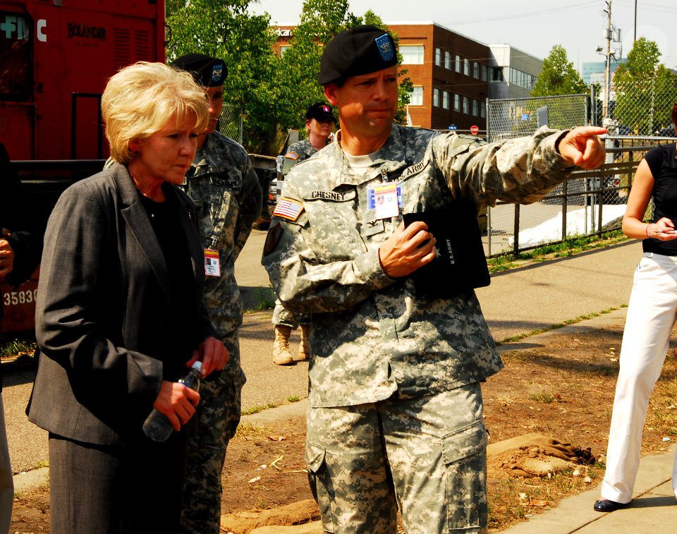 US Navy 070810-N-4515N-318 Secretary of Transportation, Mary E. Peters, tours the site of the I-35 bridge collapse