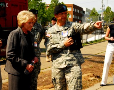 US Navy 070810-N-4515N-318 Secretary of Transportation, Mary E. Peters, tours the site of the I-35 bridge collapse