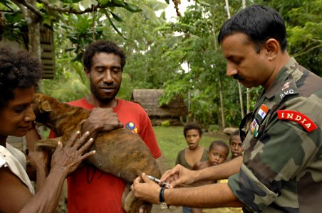 US Navy 070810-N-4954I-038 Lt. Col. Raveesh Chhajed, a veterinarian from the Indian Army, gives a rabies vaccination to a family dog during a veterinarian civil-assistance program photo