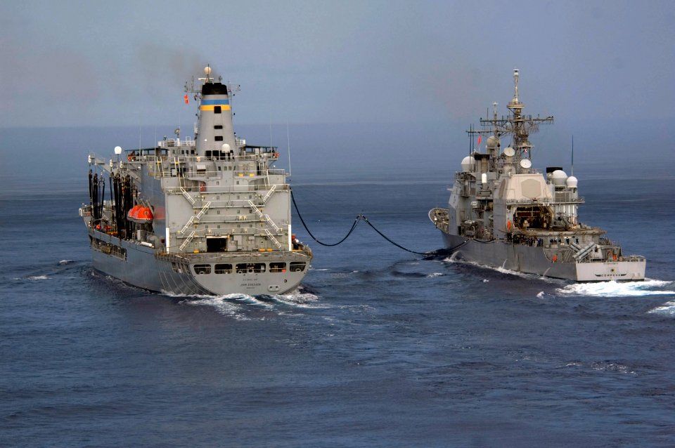 US Navy 070810-N-5387K-001 Ticonderoga-class guided missile cruiser USS Cowpens (CG 63) receives fuel from the Military Sealift Command (MSC) fleet replenishment oiler USNS John Ericsson (T-AO 194)