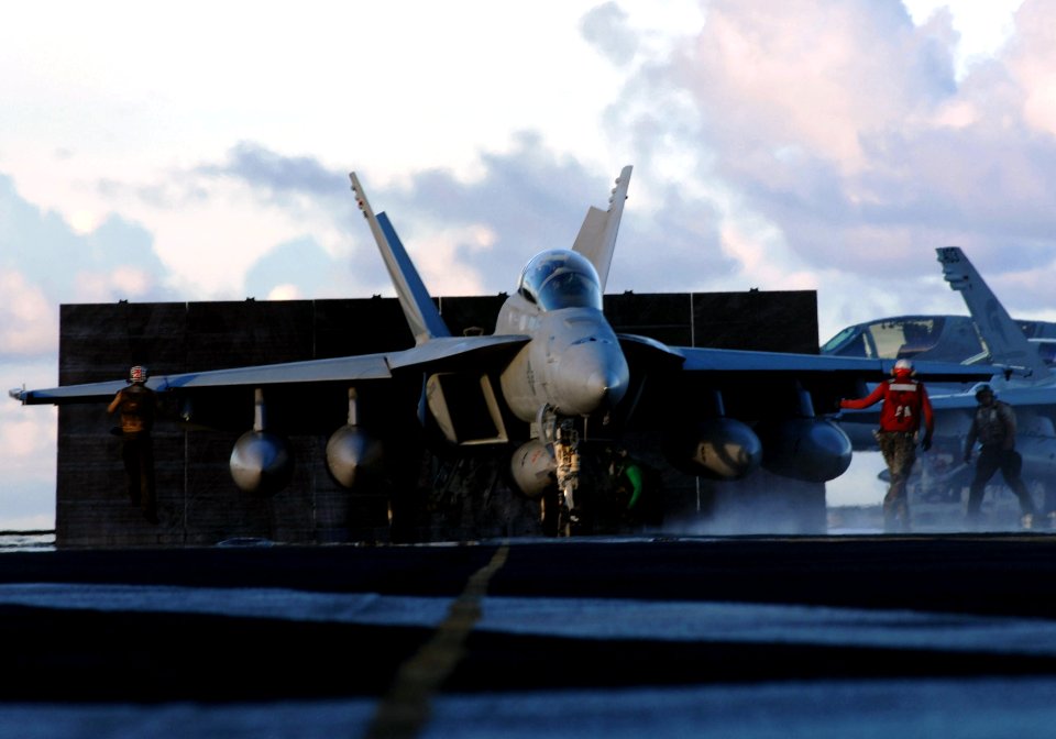 US Navy 070809-N-3729H-050 An F-A-18F Super Hornet assigned to the Black Knights of Strike Fighter Squadron (VFA) 154 prepares to launch off the flight deck