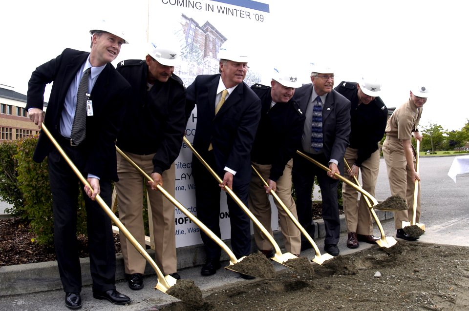US Navy 070808-N-3390M-001 Ceremony participants onboard Naval Station Everett participate in the P-155 bachelor enlisted quarters Homeport Ashore Groundbreaking Ceremony
