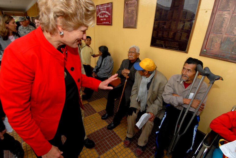 US Navy 070808-N-8704K-227 Under Secretary for Diplomacy and Public Affairs Karen Hughes greets patients at Sanchez Carrion School. Hughes is visiting the hospital ship USNS Comfort (T-AH 20)
