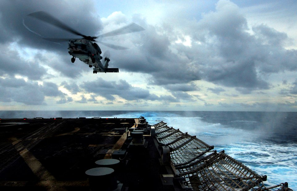 US Navy 070812-N-0684R-098 An SH-60B Seahawk assigned to the Wolfpack of Helicopter Anti-Submarine Squadron Light (HSL) 45, takes off from the flight deck of the guided-missile destroyer USS Preble (DDG 88) during exercise Vali