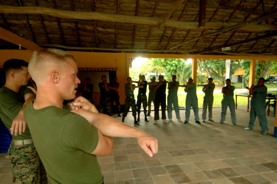 US Navy 070810-N-0989H-002 U.S. Marines assigned to a mobile training team conduct stretching exercises with Guatemalan sailors and marines during Small Unit Tactics training