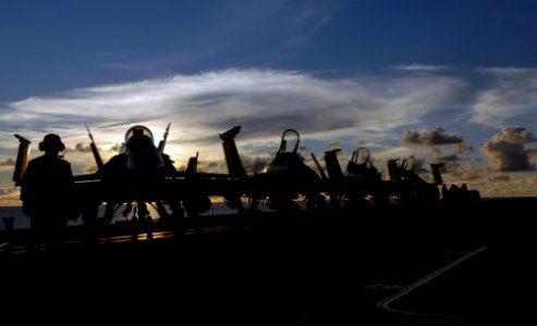 US Navy 070809-N-3729H-264 Aircraft, assigned to Carrier Air Wing (CVW) 9, are secured to the flight deck of the Nimitz-class aircraft carrier USS John C. Stennis (CVN 74) following a long day of flight operations