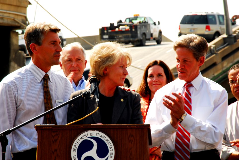 US Navy 070810-N-4515N-127 Secretary of Transportation, Mary E. Peters conducts a media availability at the scene of the I-35 bridge collapse