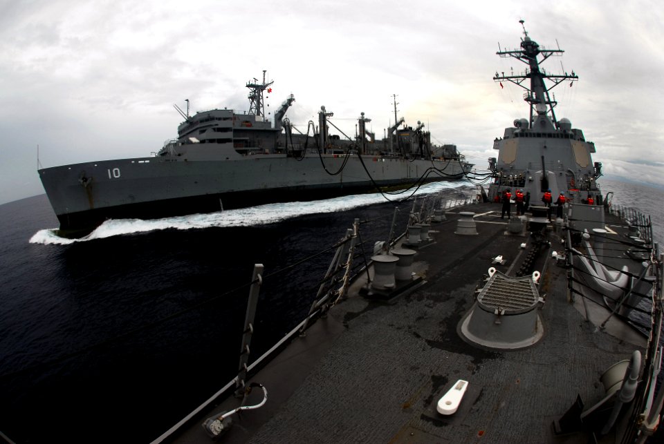 US Navy 070811-N-0684R-047 The guided-missile destroyer USS Preble (DDG 88) steams alongside the Military Sealift Command (MSC) fast-combat support ship USNS Bridge (T-AOE 10) during a replenishment-at-sea (RAS)