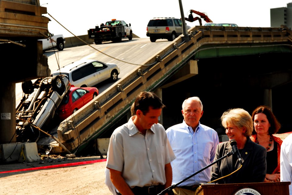 US Navy 070810-N-4515N-229 ecretary of Transportation, Mary E. Peters conducts a media availability at the scene of the I-35 bridge collapse