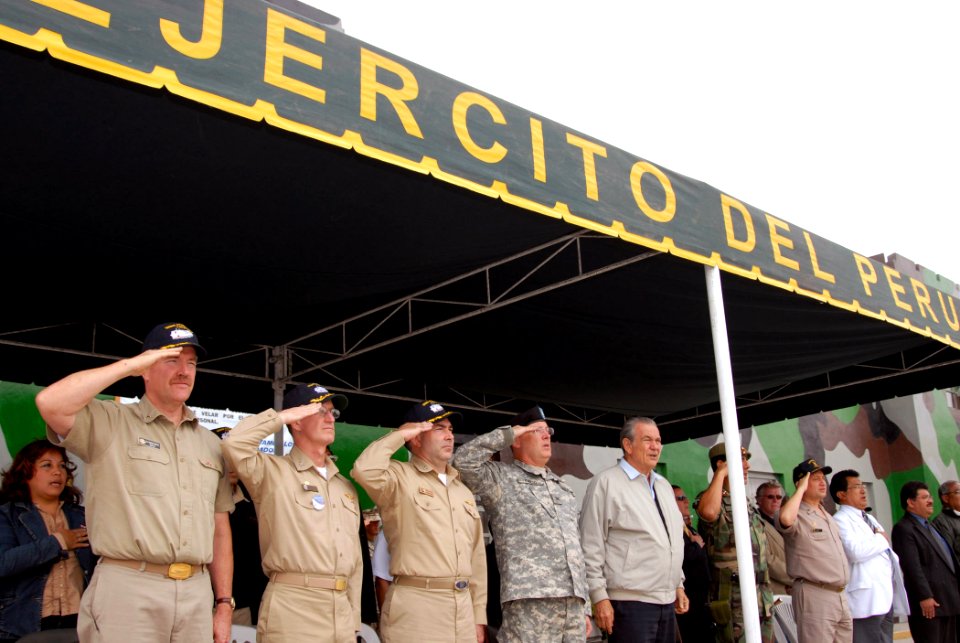US Navy 070812-N-8704K-080 The hospital ship USNS Comfort (T-AH 20) leadership salute and stand at attention during a closing ceremony at the Ramon Zavala General Quarter of 32nd Infantry Brigade headquarters