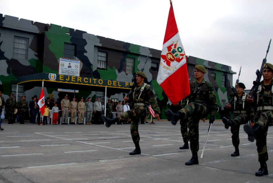 US Navy 070812-N-8704K-319 Members of the Peruvian army march during a closing ceremony for hospital ship USNS Comfort (T-AH 20) at the Ramon Zavala General Quarter of 32nd Infantry Brigade headquarters
